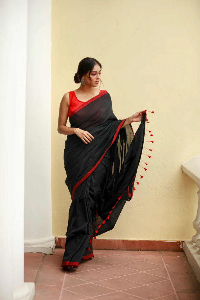 Noir Elegance Black Mulmul Cotton Saree with Red Tassels