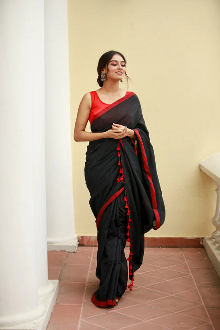 Noir Elegance Black Mulmul Cotton Saree with Red Tassels