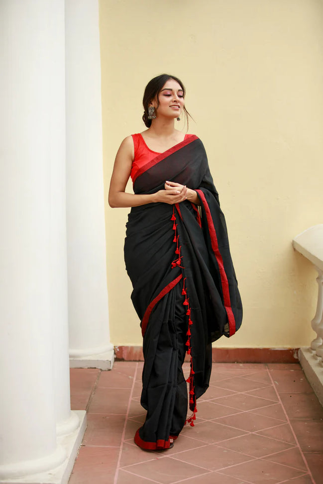 Noir Elegance Black Mulmul Cotton Saree with Red Tassels
