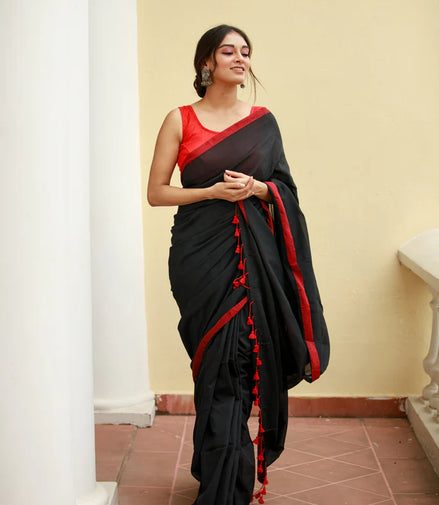 Noir Elegance Black Mulmul Cotton Saree with Red Tassels