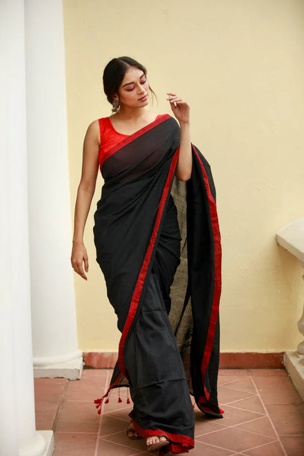 Noir Elegance Black Mulmul Cotton Saree with Red Tassels