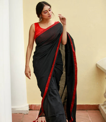 Noir Elegance Black Mulmul Cotton Saree with Red Tassels