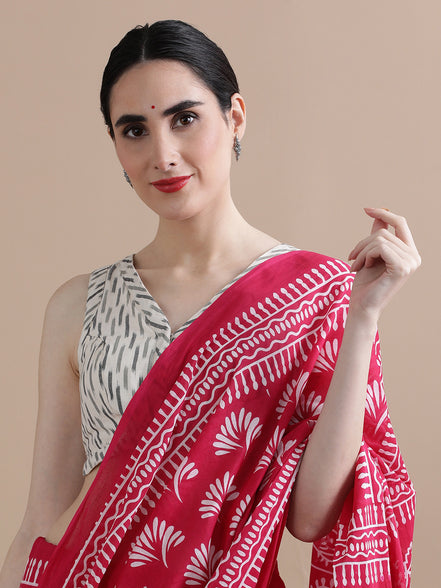 Ranjika Pink Handblock Mulmul Cotton Saree – Floral Grace & Festive Charm