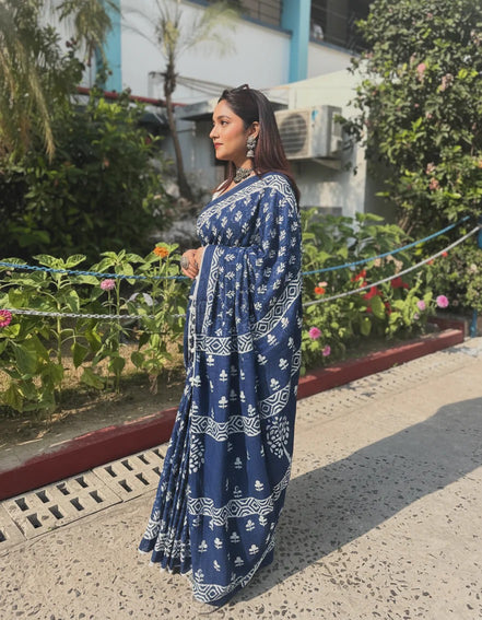 "Neelam" - Indigo Dabu Handblock Mulmul Cotton Saree