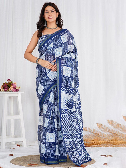 Blue & White Mulmul Cotton Handblock Saree – Lightweight & Elegant