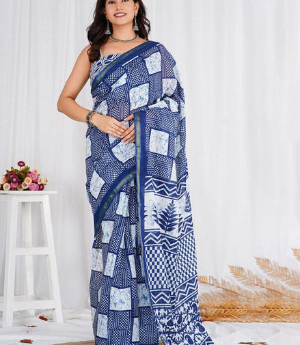 Blue & White Mulmul Cotton Handblock Saree – Lightweight & Elegant
