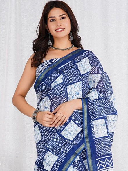 Blue & White Mulmul Cotton Handblock Saree – Lightweight & Elegant