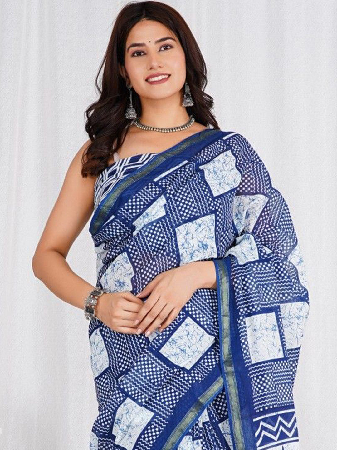 Blue & White Mulmul Cotton Handblock Saree – Lightweight & Elegant