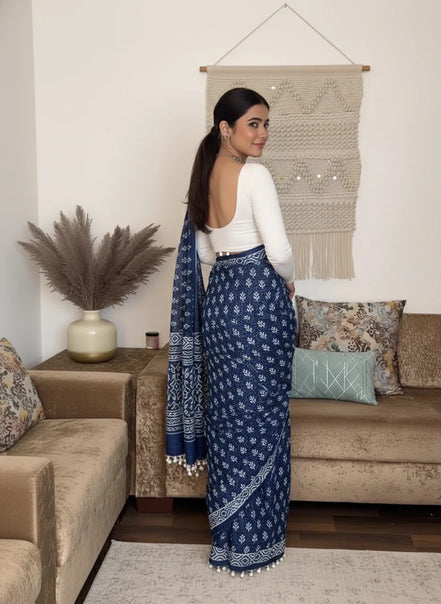 "Neelam" - Indigo Dabu Handblock Mulmul Cotton Saree