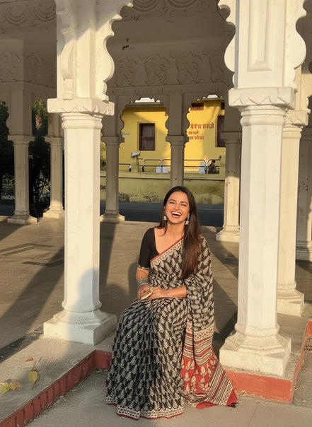 "Maliha" - Artisan Black & Red Handblock Mulmul Saree