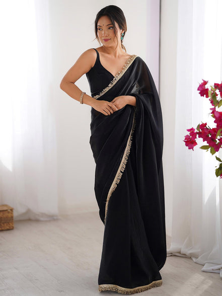 "Dhara" - Classic Black Satin Saree with Gold Zari Border