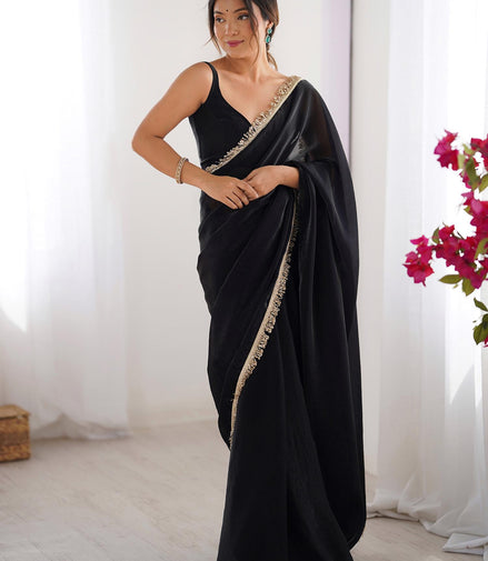 "Dhara" - Classic Black Satin Saree with Gold Zari Border