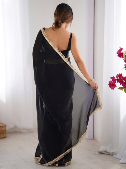 "Dhara" - Classic Black Satin Saree with Gold Zari Border