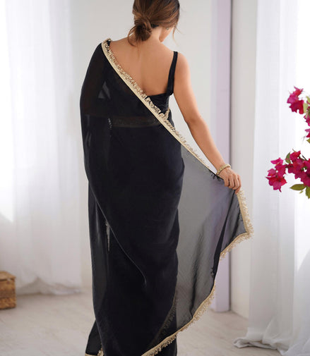 "Dhara" - Classic Black Satin Saree with Gold Zari Border