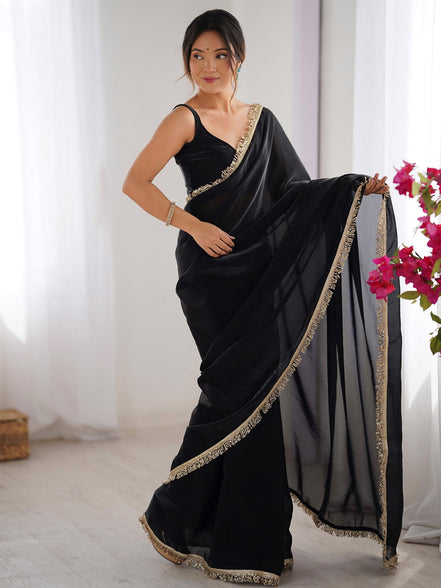 "Dhara" - Classic Black Satin Saree with Gold Zari Border