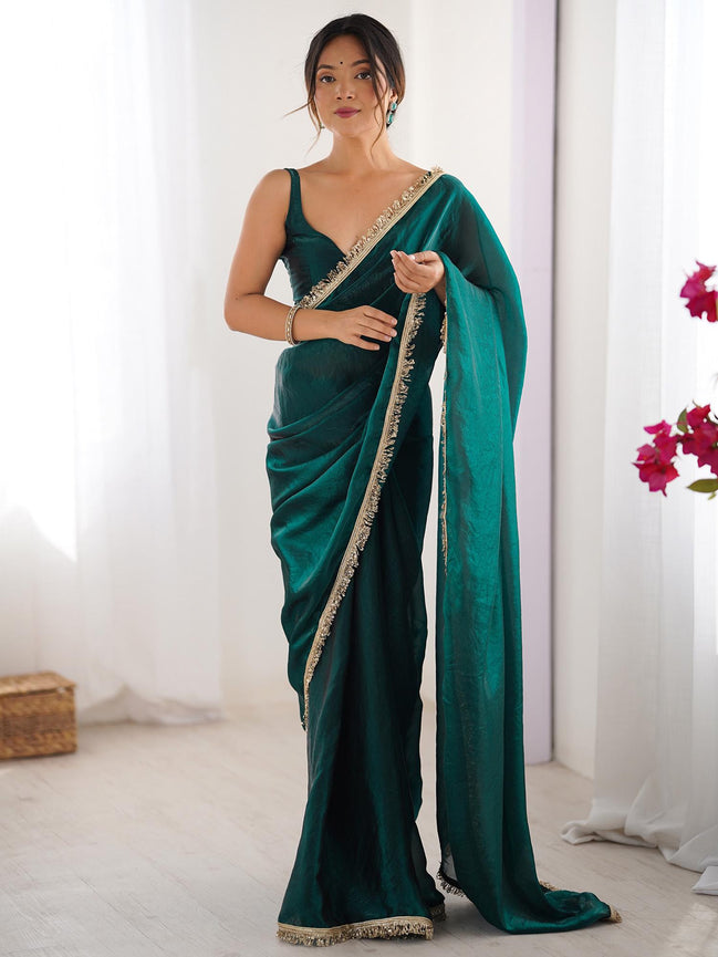 "Mani" - Emerald Green Satin Saree with Gold Zari Border