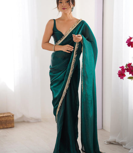 "Mani" - Emerald Green Satin Saree with Gold Zari Border