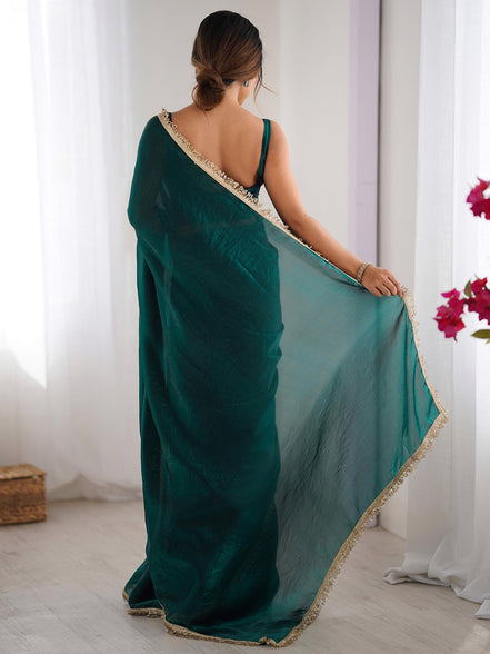 "Mani" - Emerald Green Satin Saree with Gold Zari Border