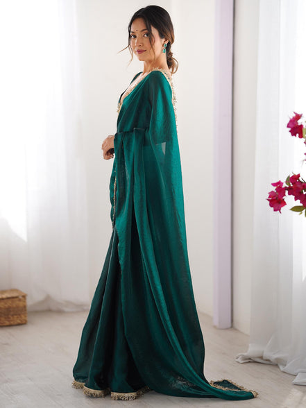 "Mani" - Emerald Green Satin Saree with Gold Zari Border