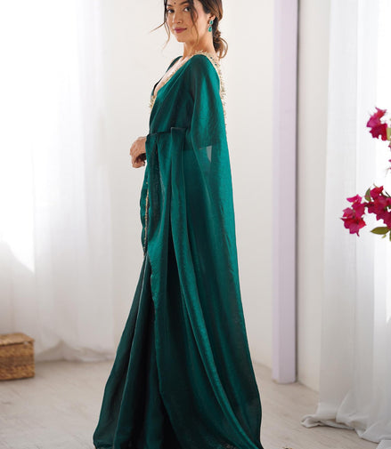 "Mani" - Emerald Green Satin Saree with Gold Zari Border