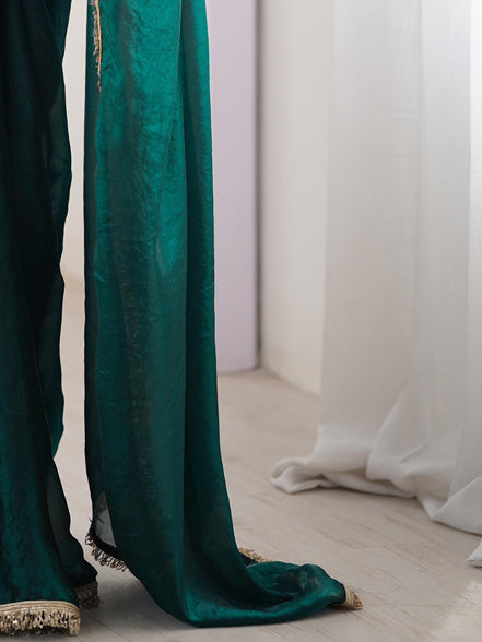 "Mani" - Emerald Green Satin Saree with Gold Zari Border