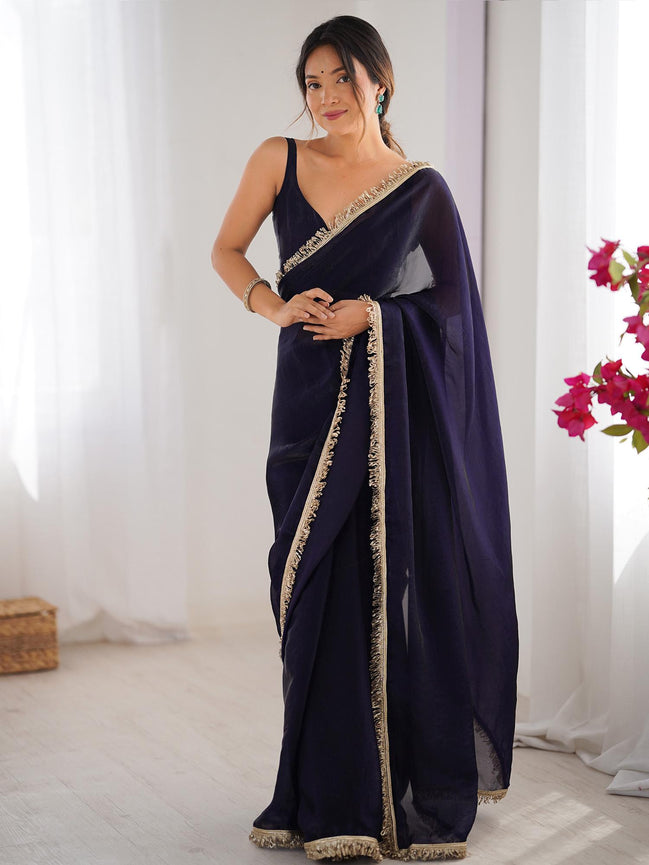 "Indivar" - Navy Blue Satin Saree with Gold Zari Border