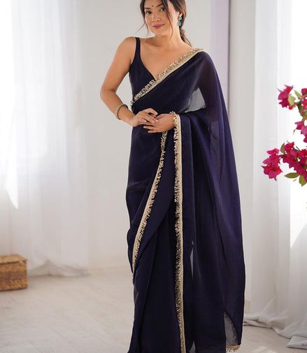 "Indivar" - Navy Blue Satin Saree with Gold Zari Border