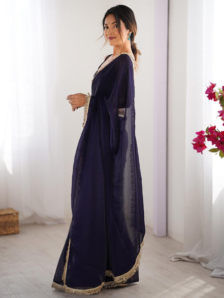 "Indivar" - Navy Blue Satin Saree with Gold Zari Border