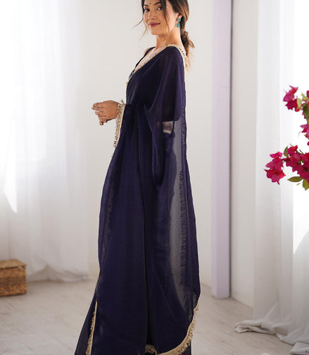 "Indivar" - Navy Blue Satin Saree with Gold Zari Border