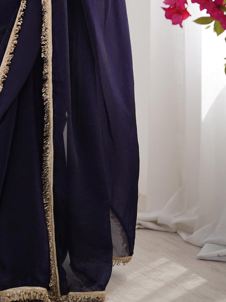 "Indivar" - Navy Blue Satin Saree with Gold Zari Border