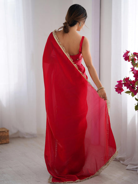 "Jyoti" - Classic Red Satin Saree with Gold Zari Border