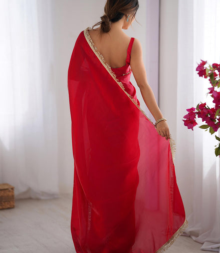 "Jyoti" - Classic Red Satin Saree with Gold Zari Border