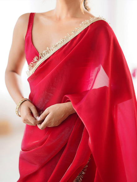 "Jyoti" - Classic Red Satin Saree with Gold Zari Border
