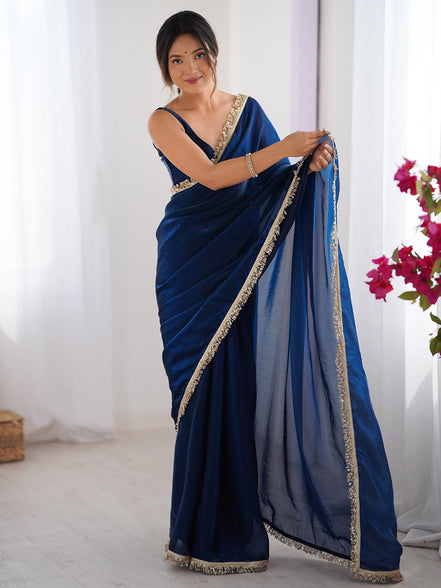 "Nilaambari" - Royal Blue Satin Saree with Gold Zari Border