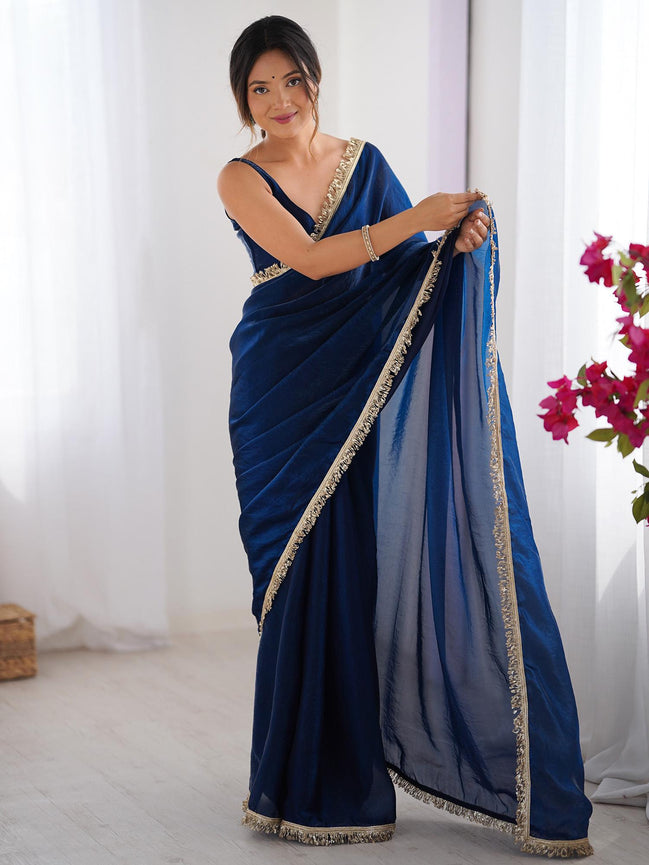"Nilaambari" - Royal Blue Satin Saree with Gold Zari Border