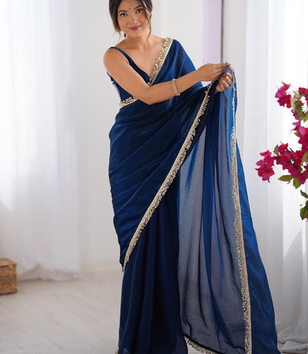 "Nilaambari" - Royal Blue Satin Saree with Gold Zari Border