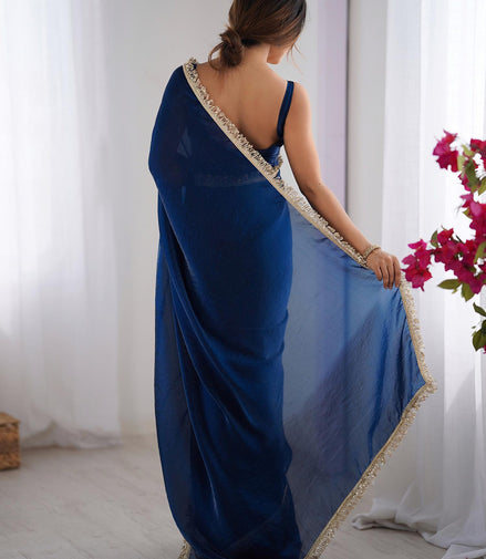 "Nilaambari" - Royal Blue Satin Saree with Gold Zari Border