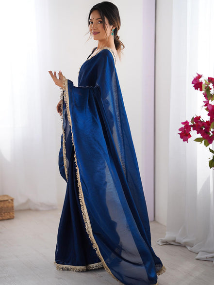 "Nilaambari" - Royal Blue Satin Saree with Gold Zari Border