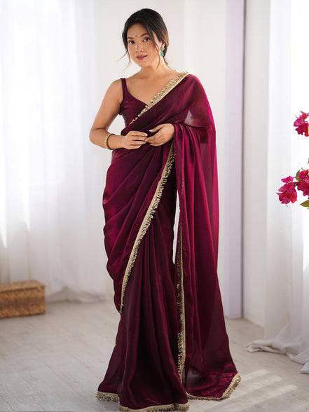 "Manikya" - Wine Satin Saree with Gold Zari Border