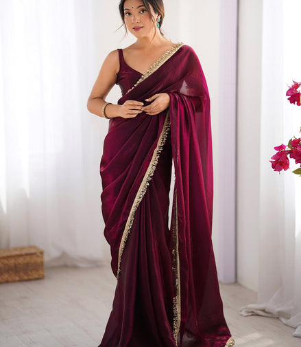 "Manikya" - Wine Satin Saree with Gold Zari Border