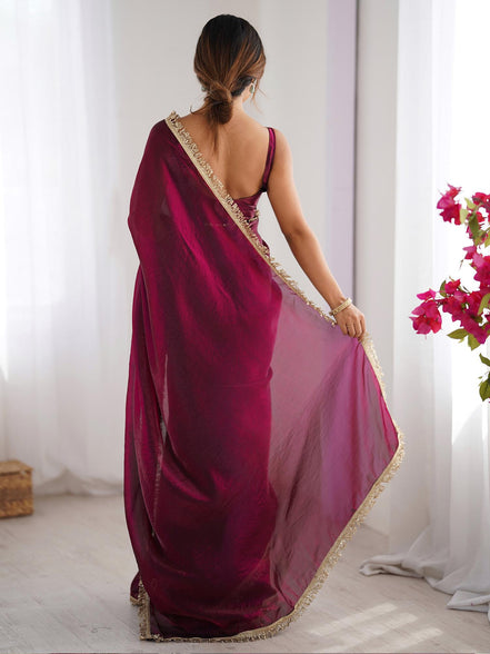 "Manikya" - Wine Satin Saree with Gold Zari Border