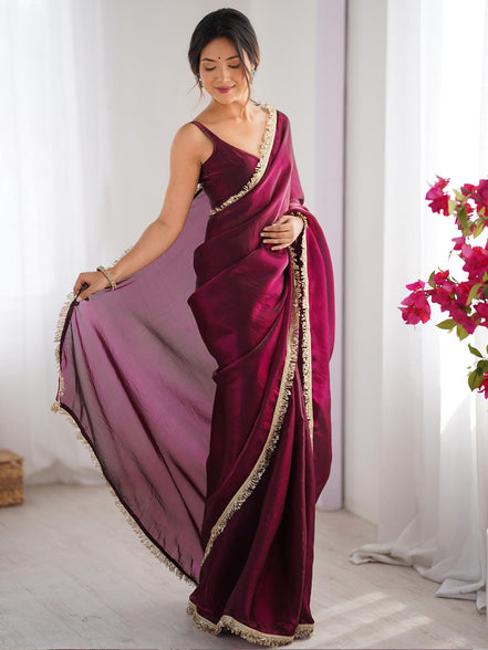 "Manikya" - Wine Satin Saree with Gold Zari Border