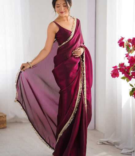 "Manikya" - Wine Satin Saree with Gold Zari Border