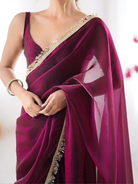 "Manikya" - Wine Satin Saree with Gold Zari Border