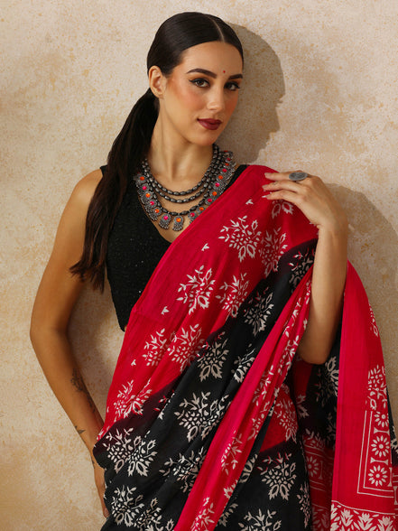 Vamika Black & Red Handblock Mulmul Cotton Saree – Bold Florals & Festive Drama