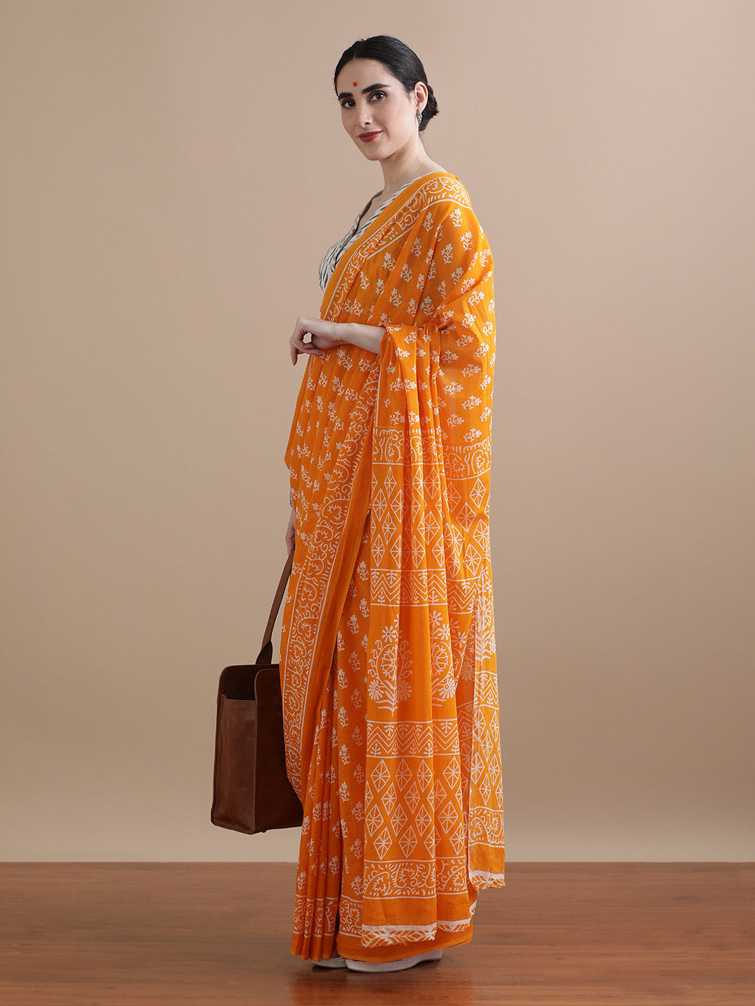 Kanika Orange Handblock Mulmul Cotton Saree – Radiant Florals in Lightweight Elegance
