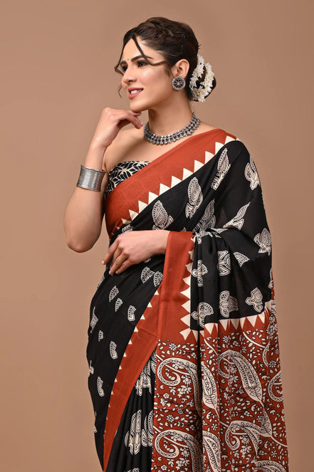 Charvi Black & Rust Handblock Mulmul Cotton Saree – Timeless Paisley Elegance