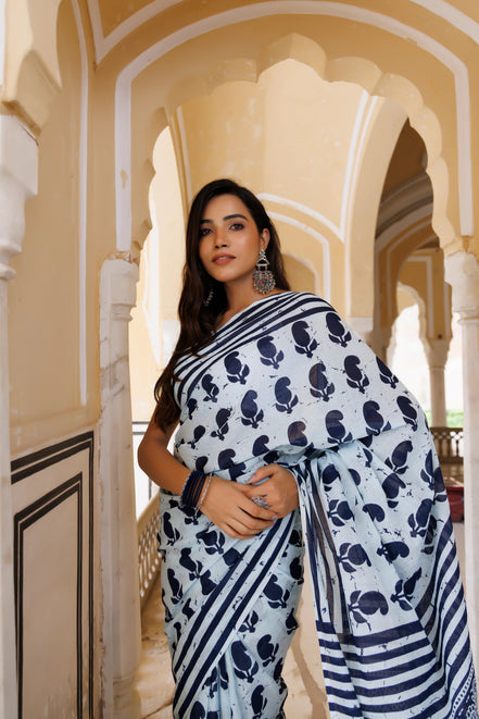 Vasudha Indigo Handblock Mulmul Cotton Saree – Heritage Blooms in Every Drape