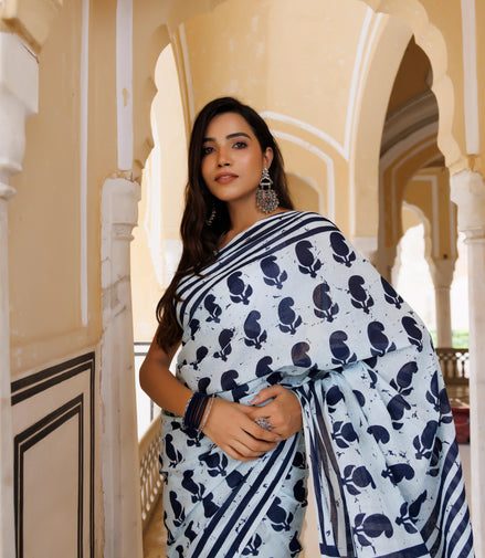 Vasudha Indigo Handblock Mulmul Cotton Saree – Heritage Blooms in Every Drape