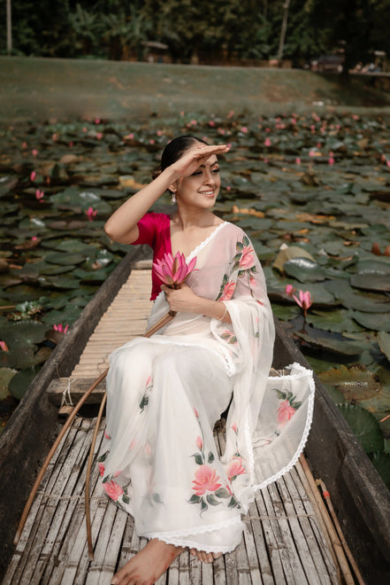 Sitara White Chiffon Hand-Painted Saree – Ethereal Elegance in Floral Art